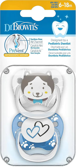 Dr Brown's Prevent Printed Shield Pacifier - Stage 2, 6-12M, Boy (Bear & Monkey) 2-Pack